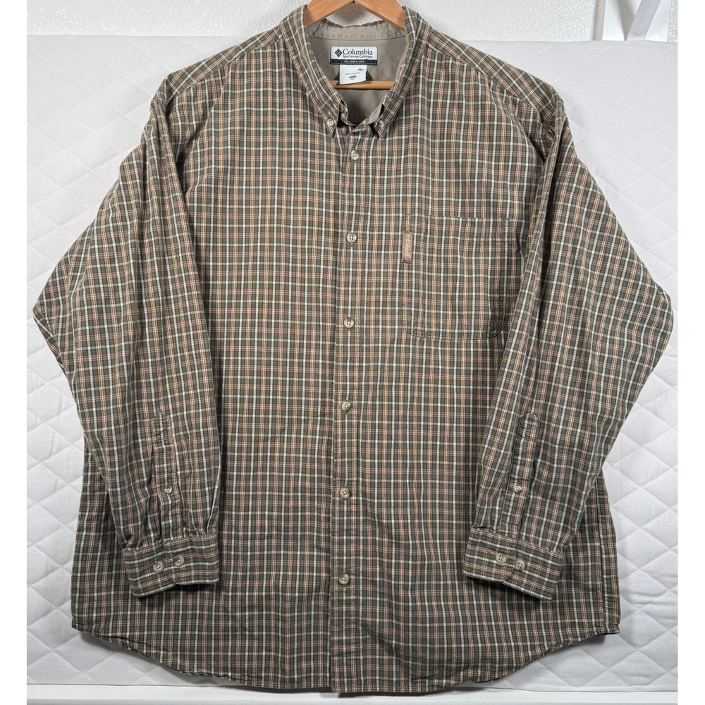 Columbia Men's XXL Plaid Button Front Shirt‎ 100% Cotton Long Sleeve Brown Blue